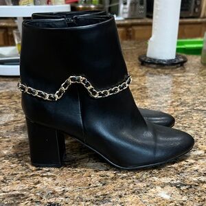 JF Black Leather Ankle Boots with Chain Detail